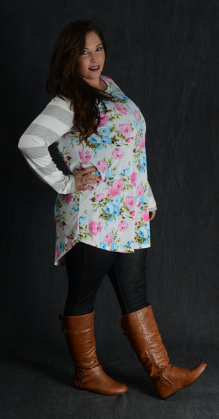 Floral & Grey Stripe Top – www.mycurvystore.com - Curvy Boutique