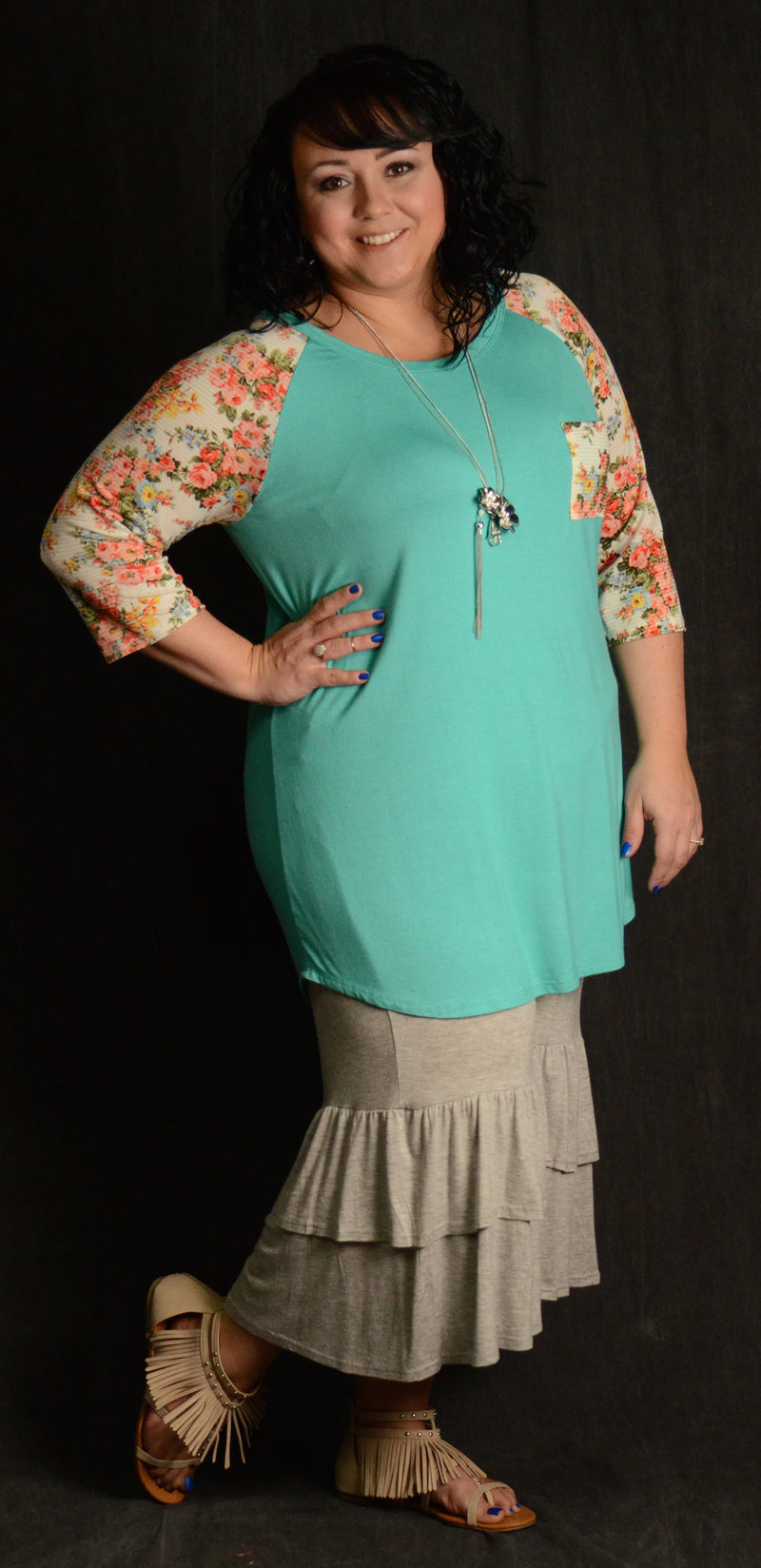 Mint Floral Sleeve Top - www.mycurvystore.com - Curvy Boutique 