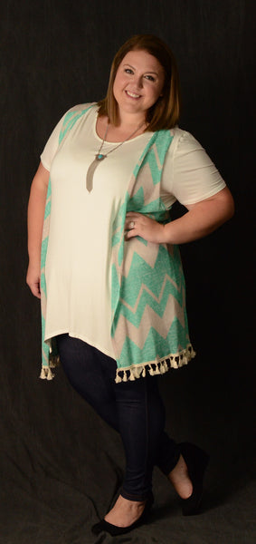 Mint Chevron Fringe Cardigan – www.mycurvystore.com - Curvy Boutique